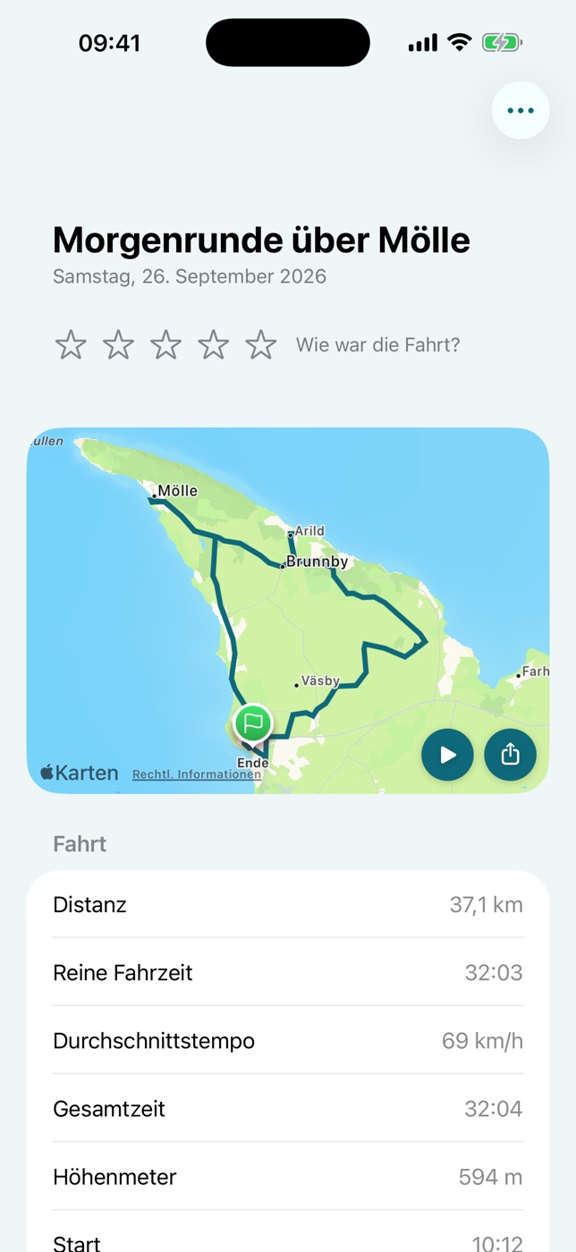 Eine Fahrt in Varva: ihr Name und ihre Karte, auf der Höchstgeschwindigkeit, max. Schräglage und stärkste Bremsung markiert sind