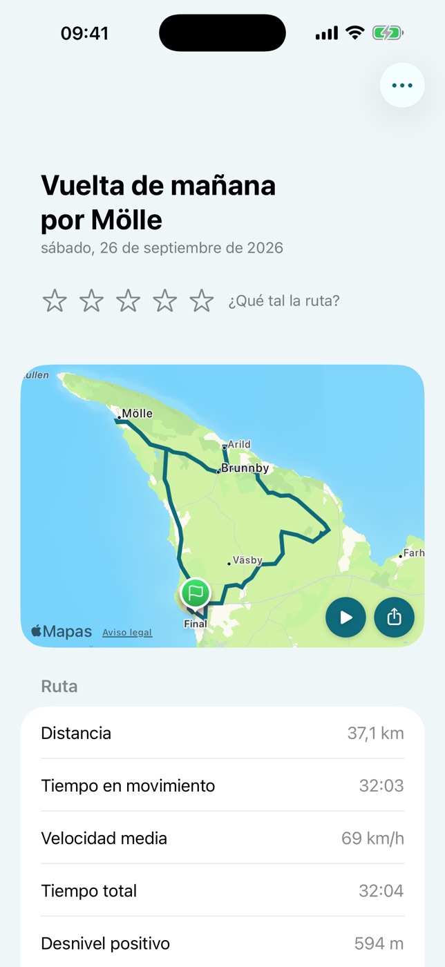 Una ruta en Varva: su nombre y su mapa, con la velocidad máxima, la inclinación máxima y la frenada más fuerte marcadas
