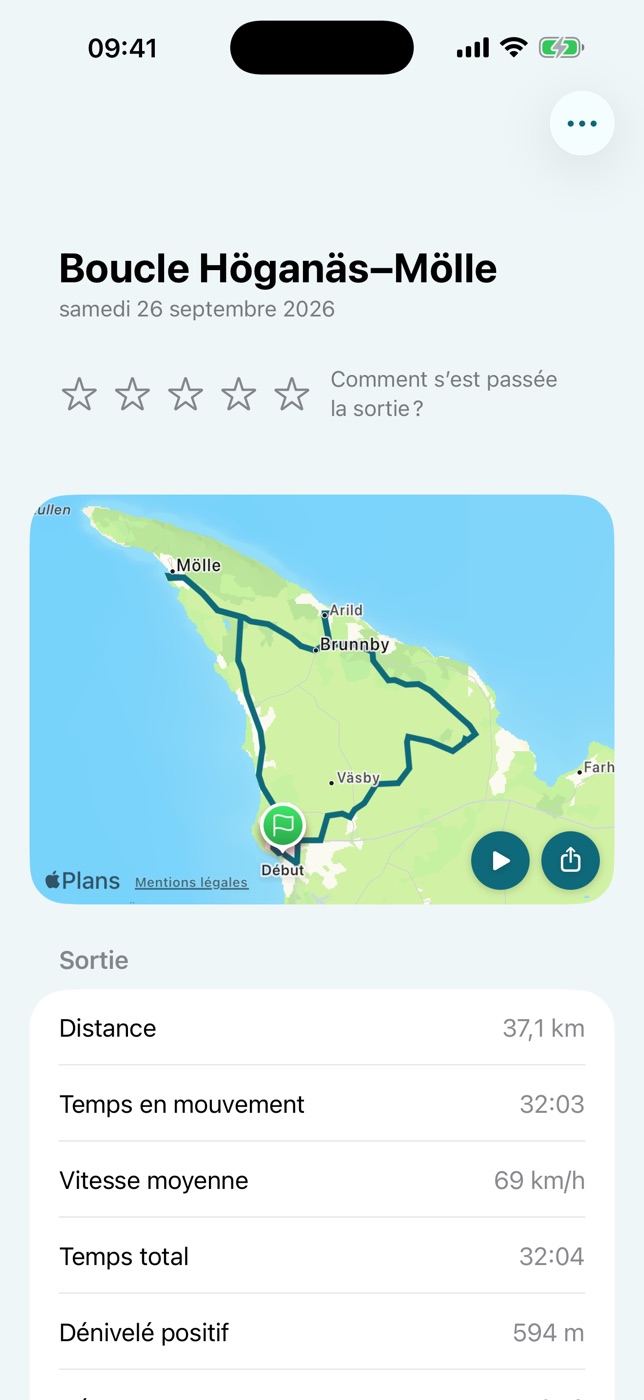 Une sortie dans Varva : son nom, et sa carte où sont épinglés la vitesse max, l’angle max et le freinage le plus fort