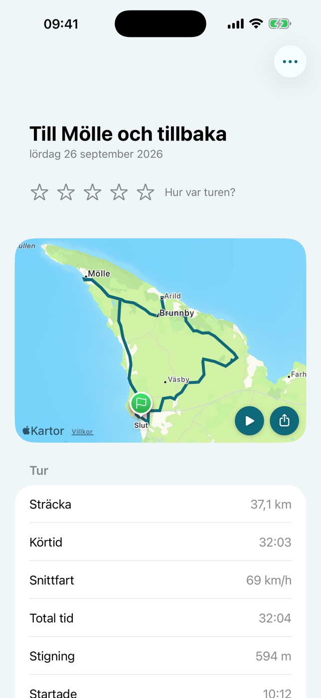 En tur i Varva: namnet, och kartan med toppfart, max lutning och hårdaste inbromsning utmärkta